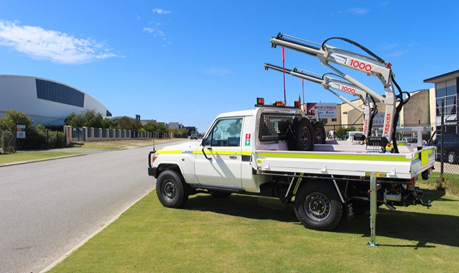 Mine-spec Toyota LandCruiser fitted with twin Kevrek vehicle-mounted cranes